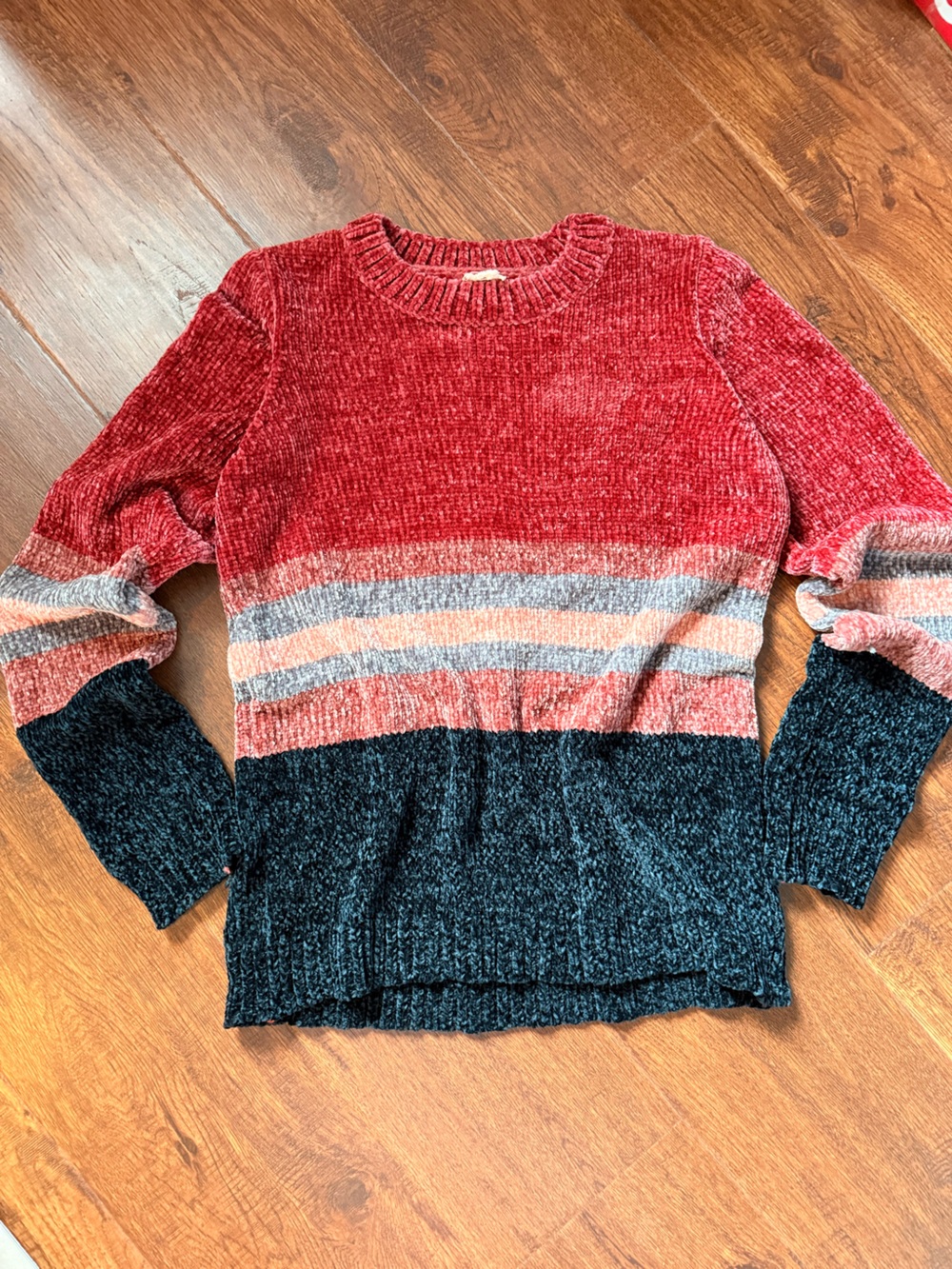 Hem & Thread Chenille Color Block Striped Sweater Women’s M Red Coral Gray Black